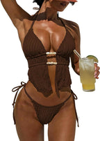 Women's Textured Backless Halter Bikini Set