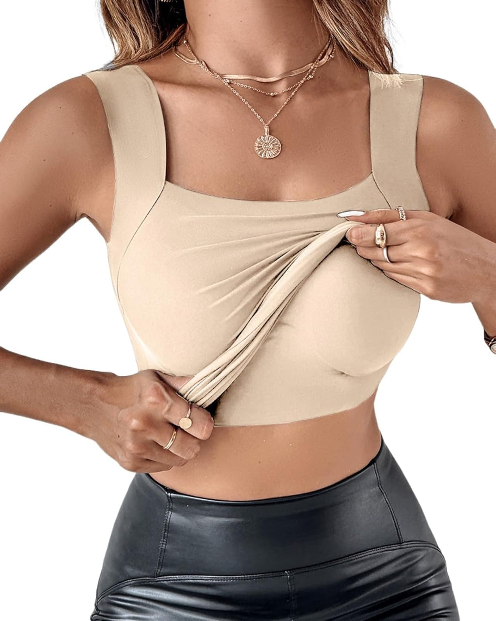 CHICME Womens U Neck Shapewear Built-in Bra Tank High Strechy Sleeveless Slim Fit Tops Camisole Workout Tops
