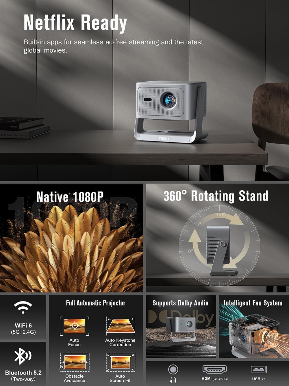 VISSPL 4K Smart Projector WiFi Bluetooth 3D Dolby Audio
