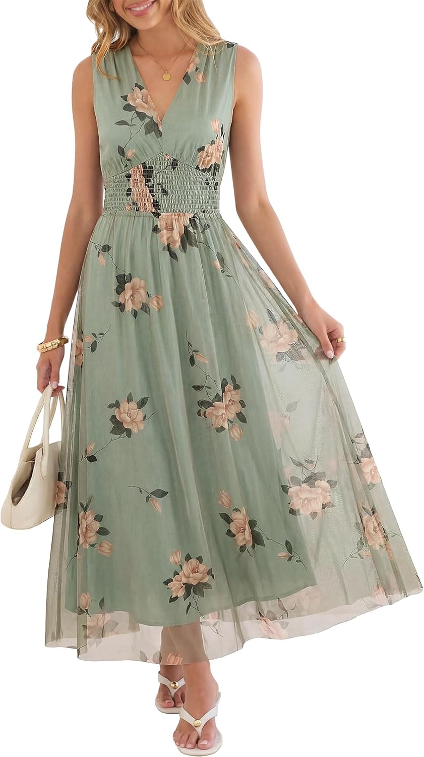 Women's A Line Tulle Maxi Dresson,Casual Floral Dresses