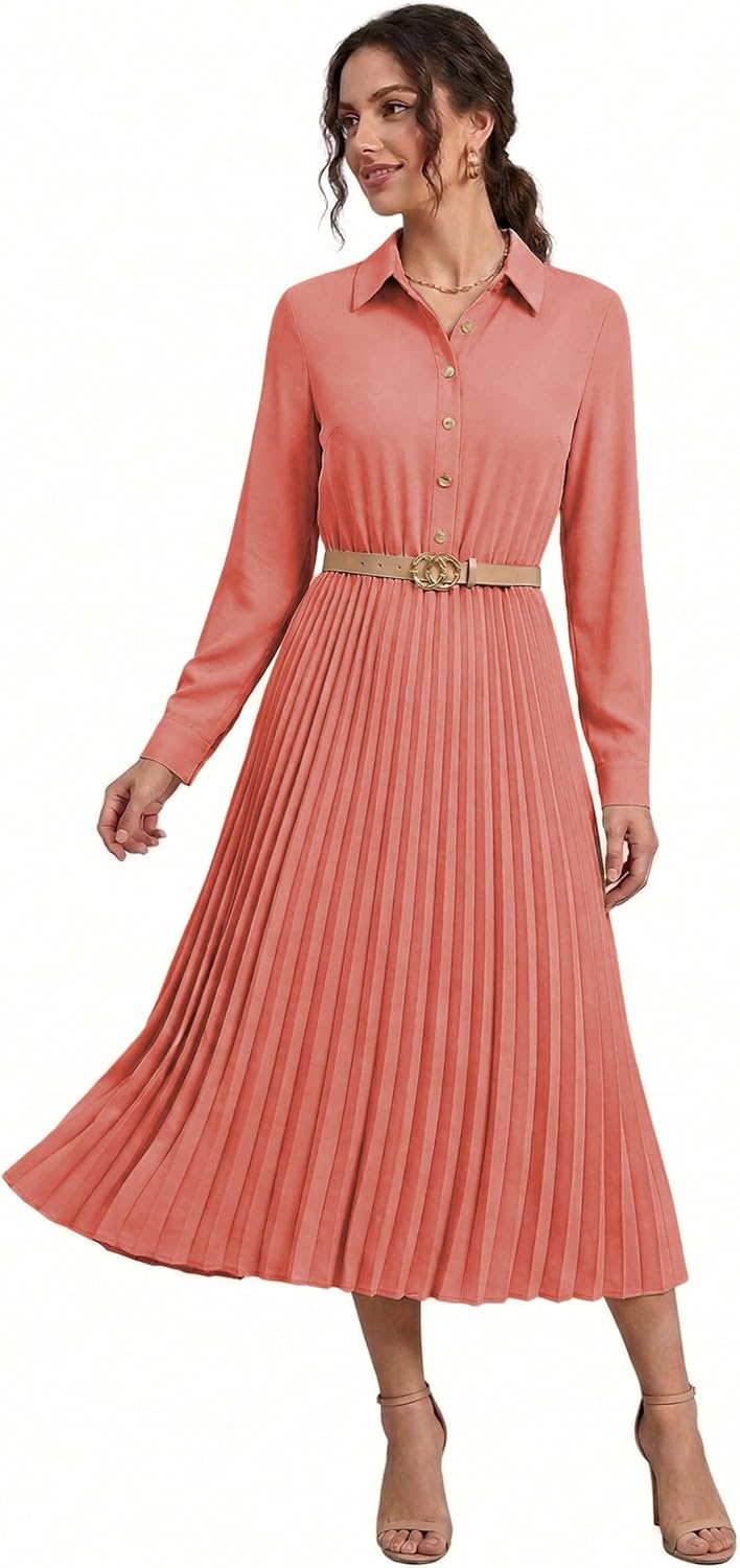 Business Casual Shirt Dress for Women Long Sleeves Pleated Midi Dresses with Belt