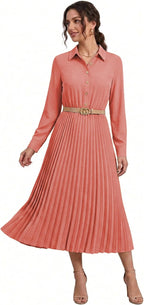 Business Casual Shirt Dress for Women Long Sleeves Pleated Midi Dresses with Belt