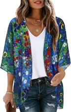 Women's Floral Print Puff Sleeve Kimono Cardigan Loose Cover Up Casual Blouse Tops 2026