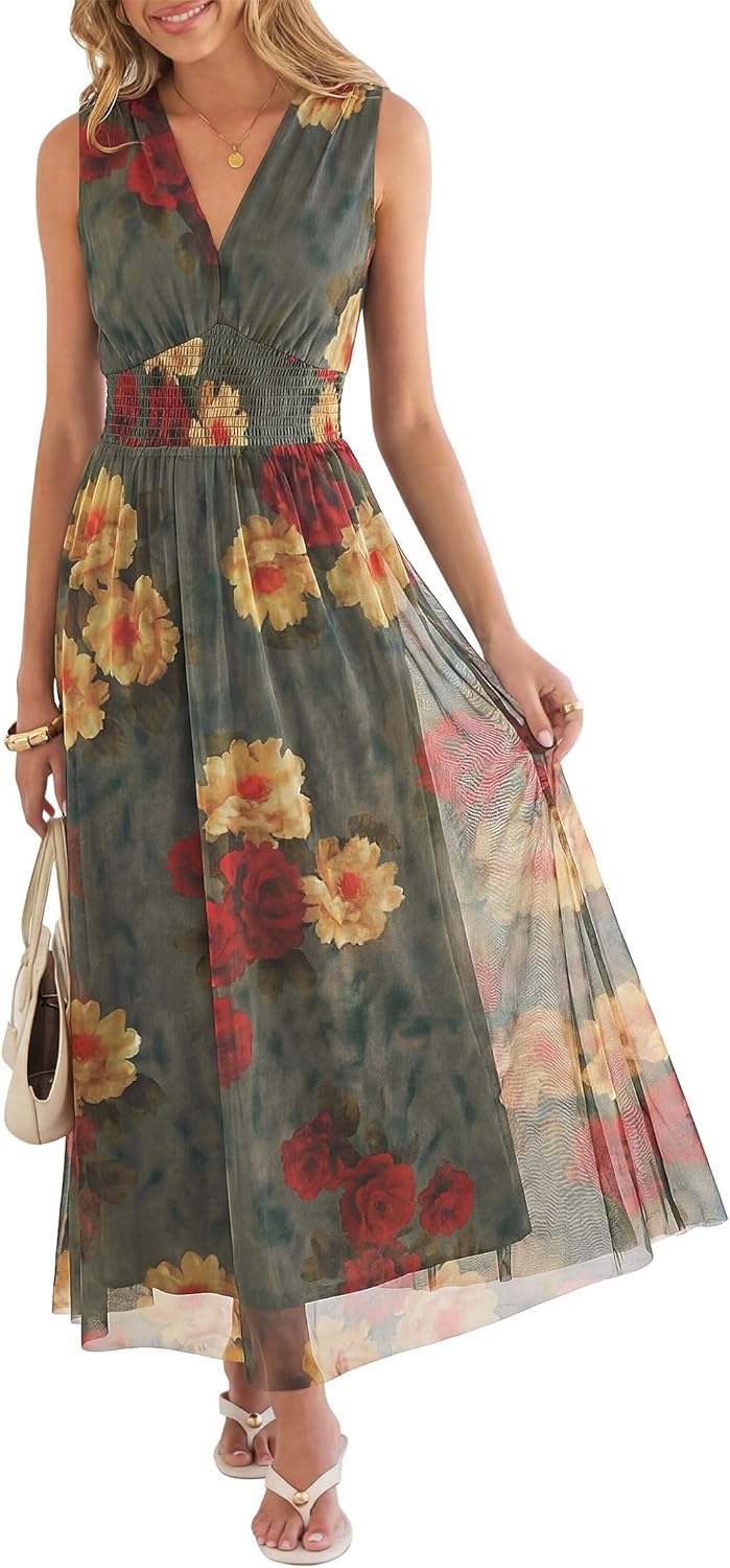 Women's A Line Tulle Maxi Dresson,Casual Floral Dresses