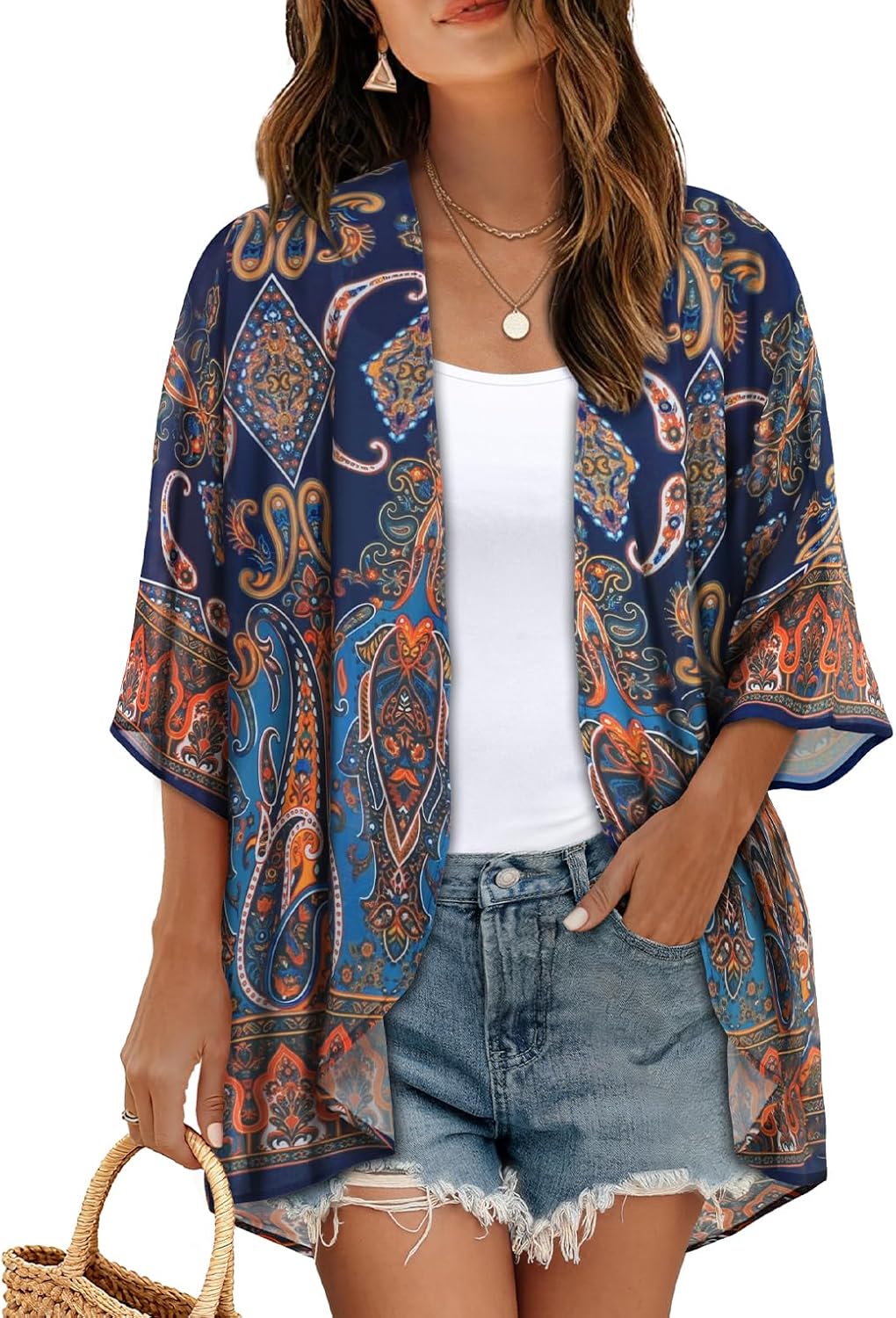Women's Floral Print Puff Sleeve Kimono Cardigan Loose Cover Up Casual Blouse Tops 2026