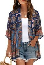 Women's Floral Print Puff Sleeve Kimono Cardigan Loose Cover Up Casual Blouse Tops 2026