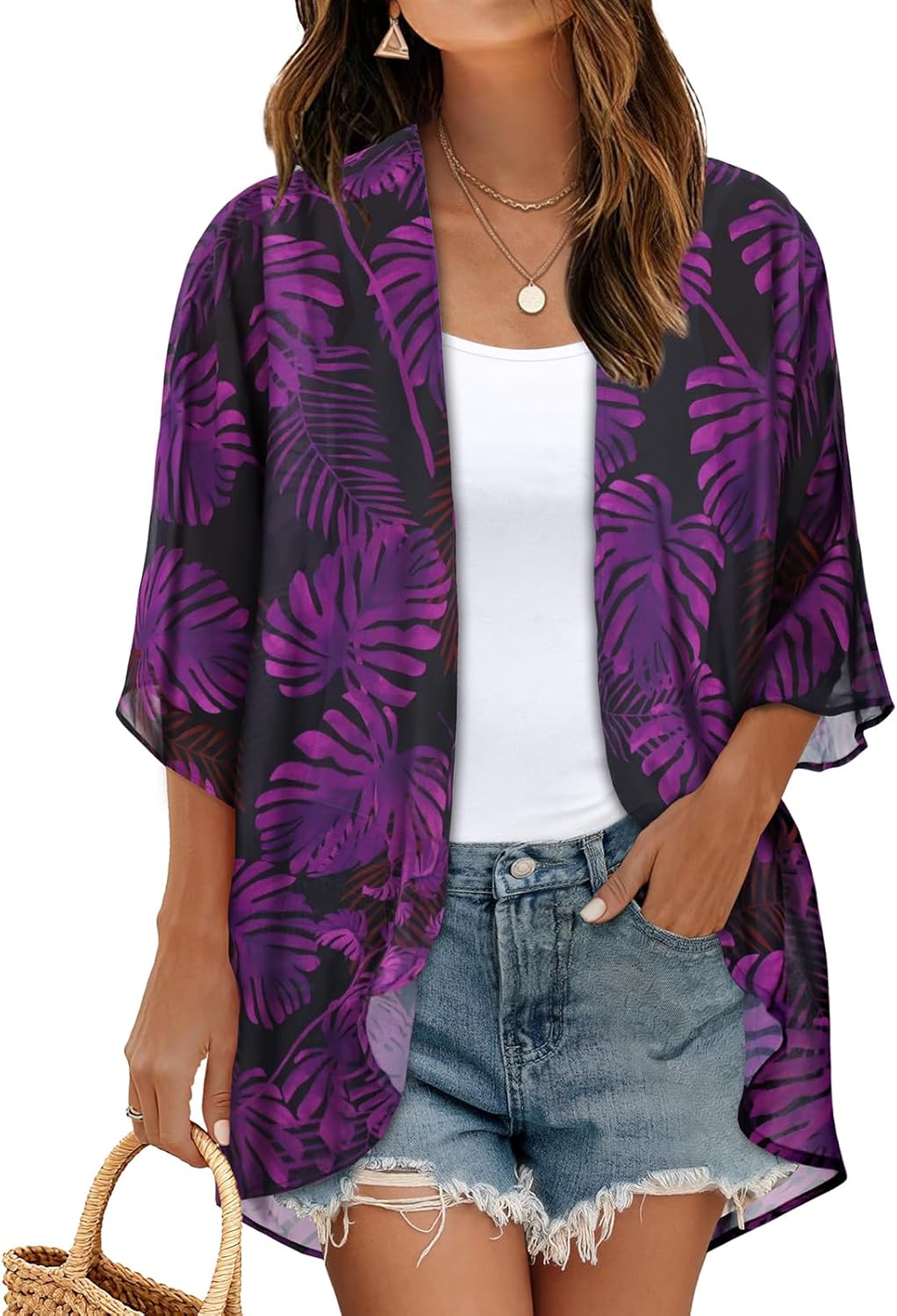 Women's Floral Print Puff Sleeve Kimono Cardigan Loose Cover Up Casual Blouse Tops 2026
