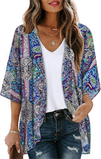 Women's Floral Print Puff Sleeve Kimono Cardigan Loose Cover Up Casual Blouse Tops 2026