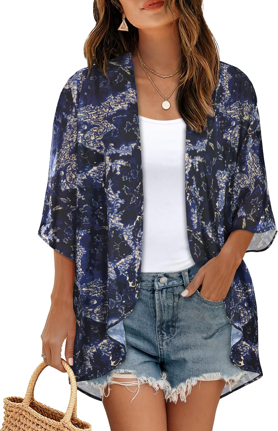 Women's Floral Print Puff Sleeve Kimono Cardigan Loose Cover Up Casual Blouse Tops 2026