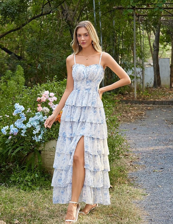 Blue White Floral Tiered Corset Maxi Dress, Fairy Style for Wedding & Vacation