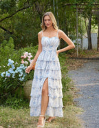 Blue White Floral Tiered Corset Maxi Dress, Fairy Style for Wedding & Vacation