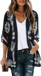 Women's Floral Print Puff Sleeve Kimono Cardigan Loose Cover Up Casual Blouse Tops 2026