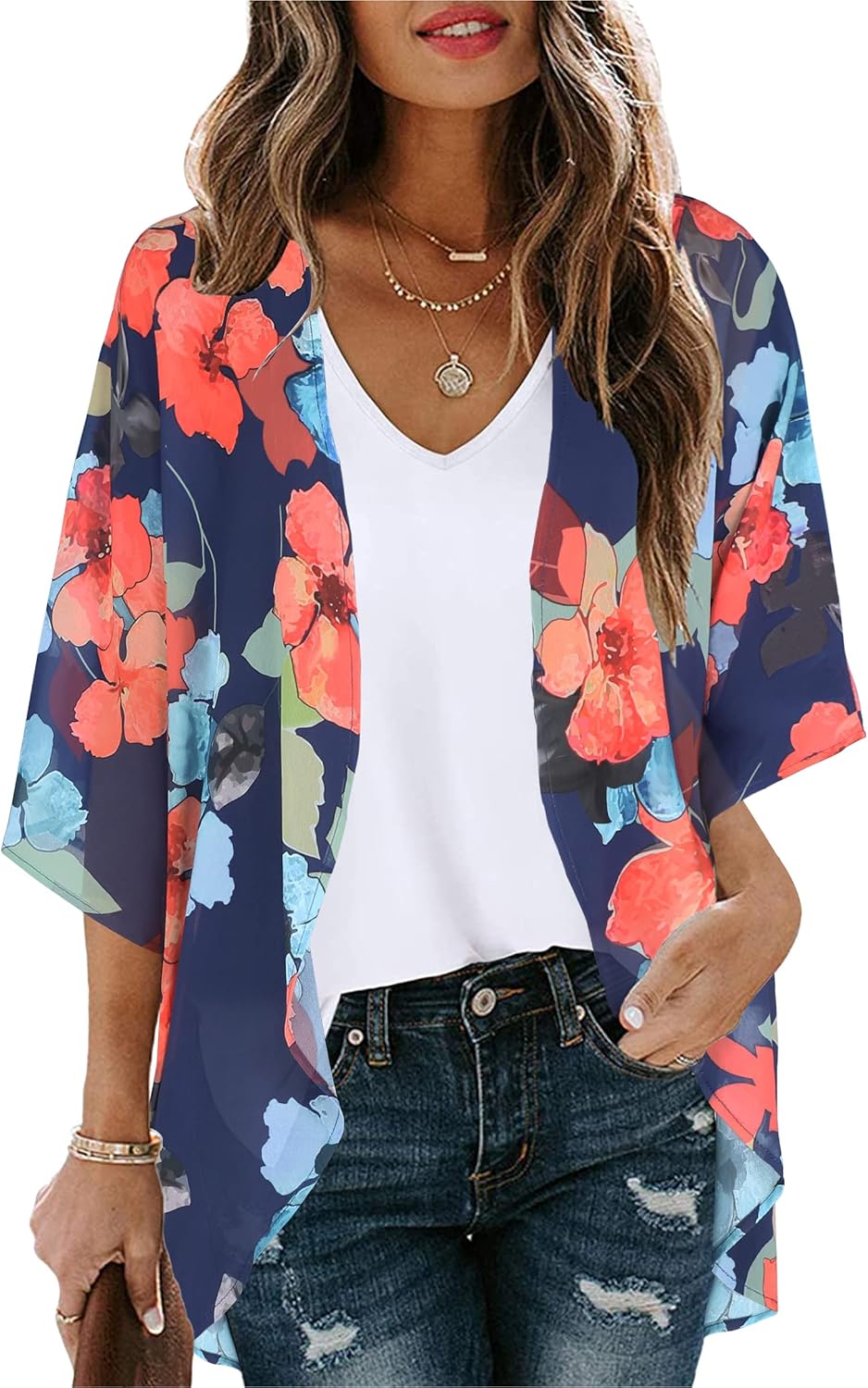 Women's Floral Print Puff Sleeve Kimono Cardigan Loose Cover Up Casual Blouse Tops 2026