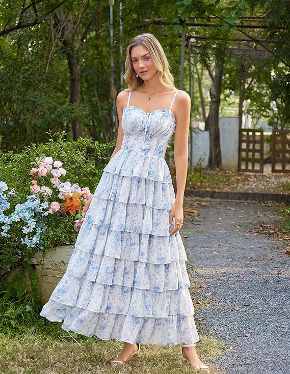 Blue White Floral Tiered Corset Maxi Dress, Fairy Style for Wedding & Vacation