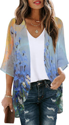 Women's Floral Print Puff Sleeve Kimono Cardigan Loose Cover Up Casual Blouse Tops 2026