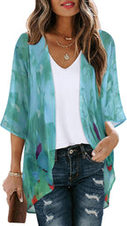 Women's Floral Print Puff Sleeve Kimono Cardigan Loose Cover Up Casual Blouse Tops 2026