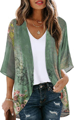 Women's Floral Print Puff Sleeve Kimono Cardigan Loose Cover Up Casual Blouse Tops 2026