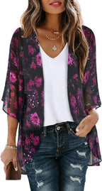 Women's Floral Print Puff Sleeve Kimono Cardigan Loose Cover Up Casual Blouse Tops 2026