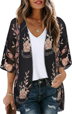 Women's Floral Print Puff Sleeve Kimono Cardigan Loose Cover Up Casual Blouse Tops 2026