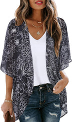 Women's Floral Print Puff Sleeve Kimono Cardigan Loose Cover Up Casual Blouse Tops 2026