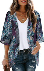 Women's Floral Print Puff Sleeve Kimono Cardigan Loose Cover Up Casual Blouse Tops 2026