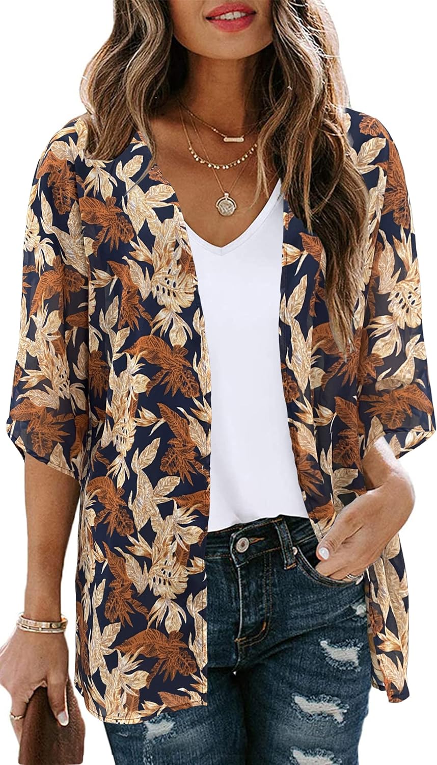 Women's Floral Print Puff Sleeve Kimono Cardigan Loose Cover Up Casual Blouse Tops 2026