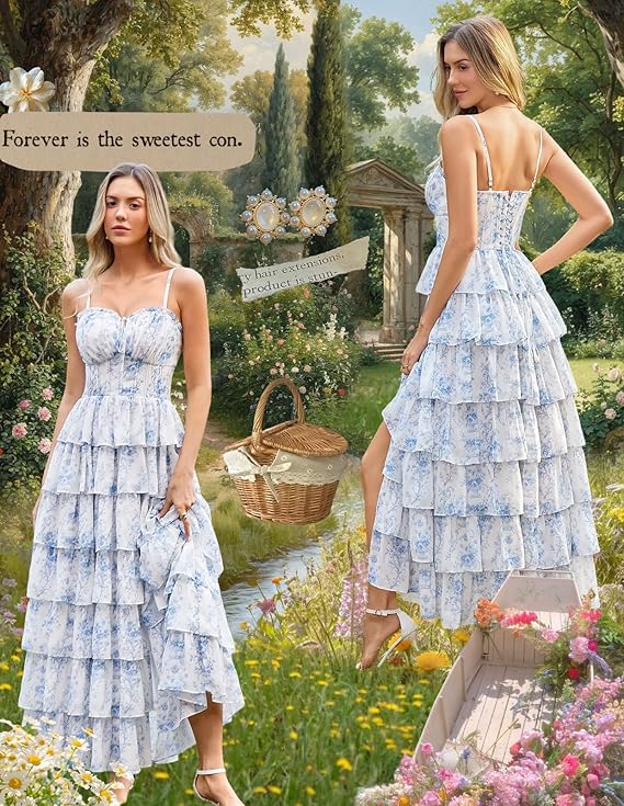 Blue White Floral Tiered Corset Maxi Dress, Fairy Style for Wedding & Vacation