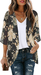 Women's Floral Print Puff Sleeve Kimono Cardigan Loose Cover Up Casual Blouse Tops 2026