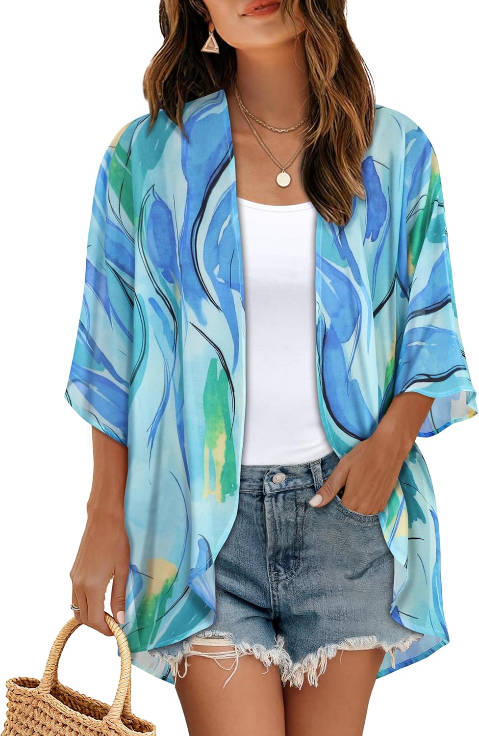 Women's Floral Print Puff Sleeve Kimono Cardigan Loose Cover Up Casual Blouse Tops 2026