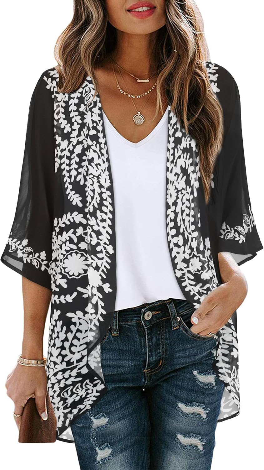 Women's Floral Print Puff Sleeve Kimono Cardigan Loose Cover Up Casual Blouse Tops 2026
