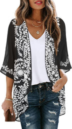 Women's Floral Print Puff Sleeve Kimono Cardigan Loose Cover Up Casual Blouse Tops 2026