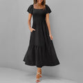 Boho Square Neck Puff Sleeve Midi Dress - Smocked Flowy Boutique Style