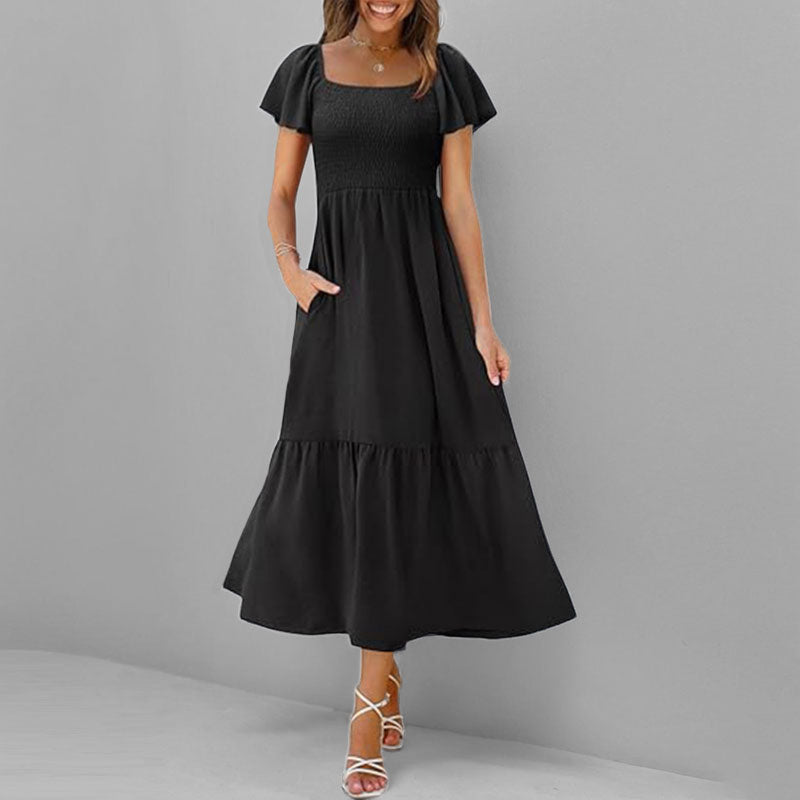 Boho Square Neck Puff Sleeve Midi Dress - Smocked Flowy Boutique Style
