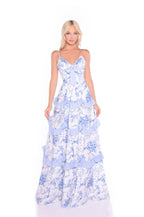 Nina Blue Floral Corset Maxi Dress - Romantic Tiered Ruffle Formal Gown