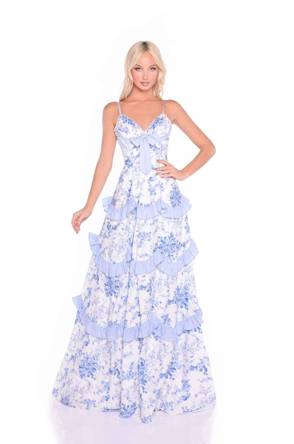 Nina Blue Floral Corset Maxi Dress - Romantic Tiered Ruffle Formal Gown