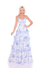 Nina Blue Floral Corset Maxi Dress - Romantic Tiered Ruffle Formal Gown