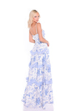 Nina Blue Floral Corset Maxi Dress - Romantic Tiered Ruffle Formal Gown