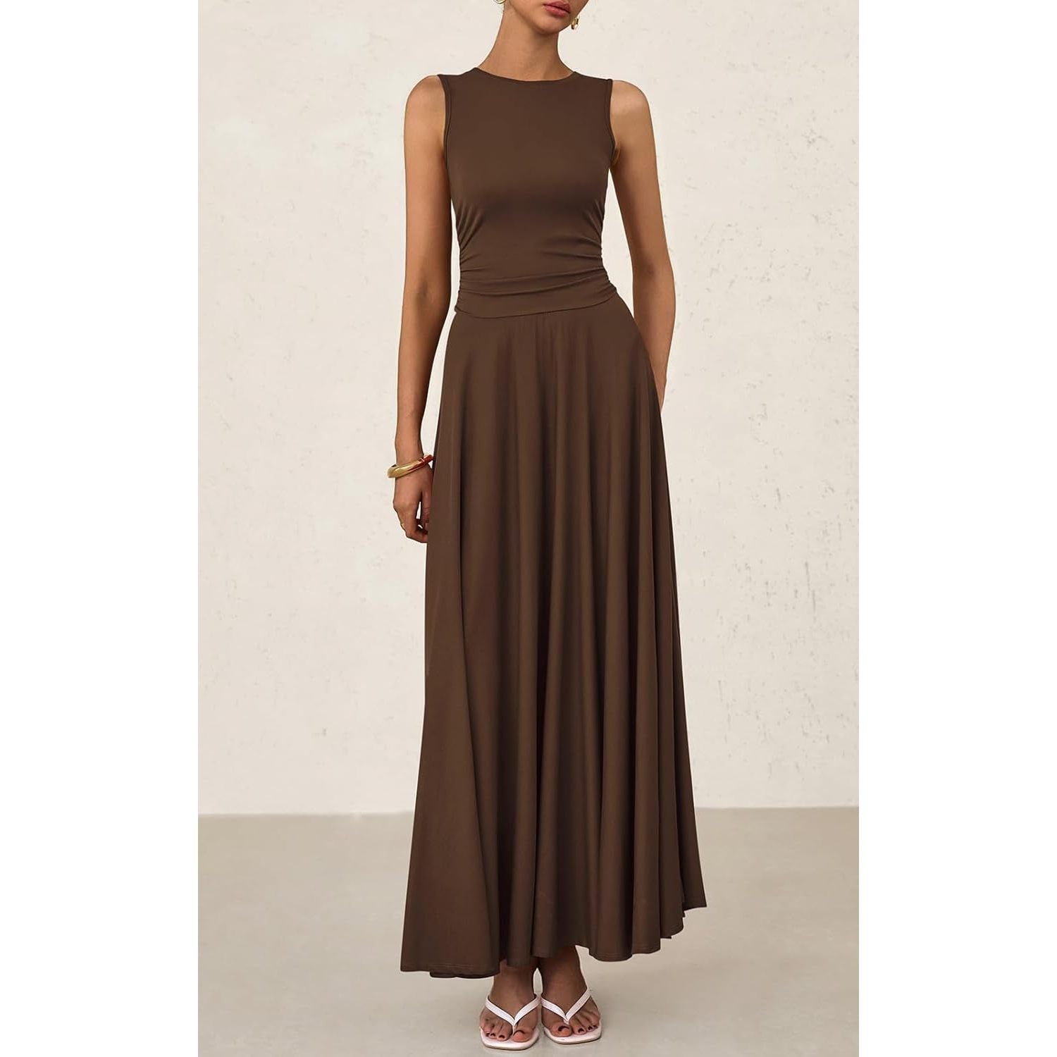 Minimalist Sleeveless A-Line Maxi Dress - Crewneck Tank Style